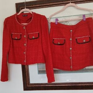 Red Tweed Jacket and Skirt Set